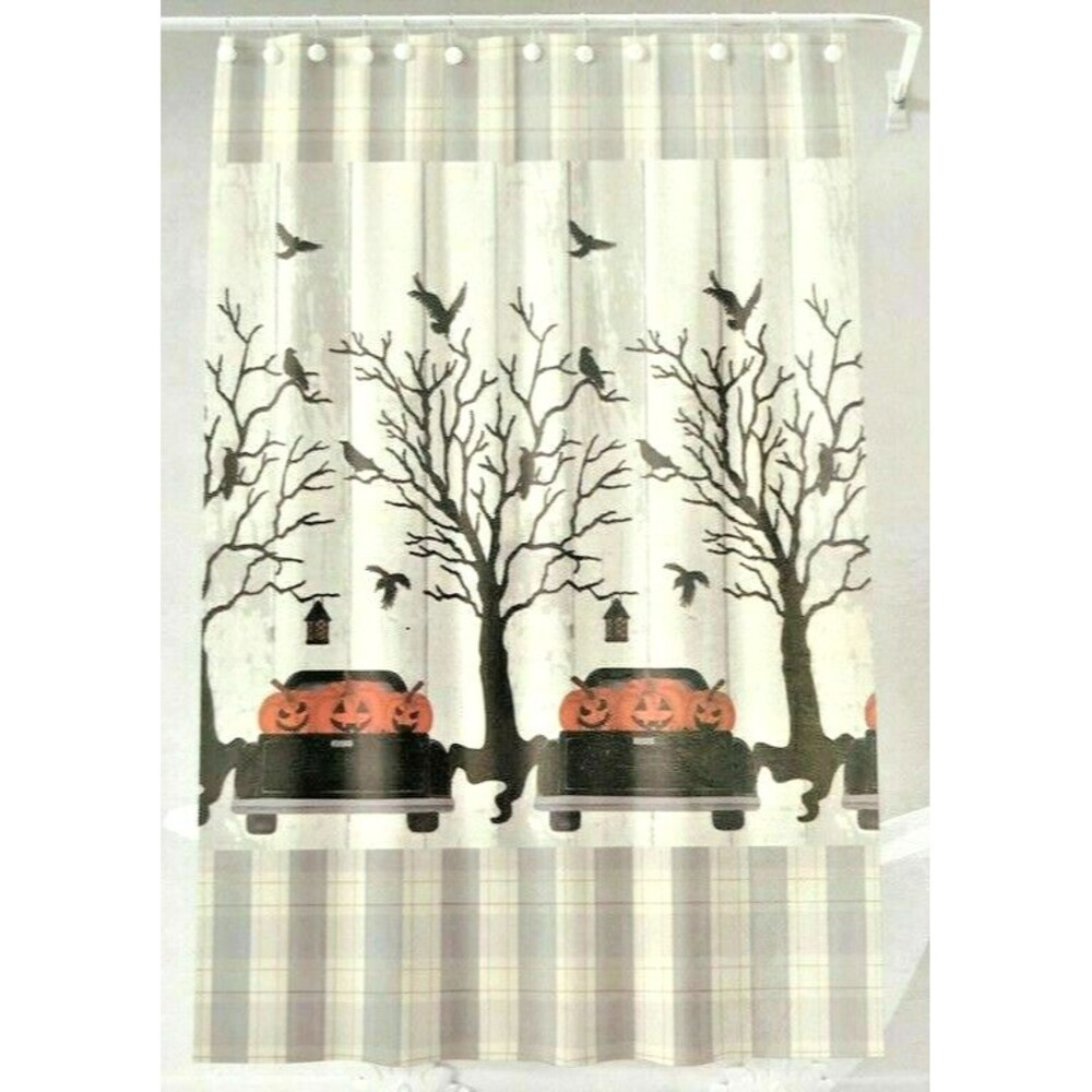 Halloween Black Farm Truck Fabric Shower Curtain Pumpkin Crow Spooky 72x72"